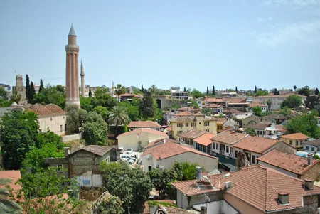 Aerial view of Antalya Kaleiçi old town — the historic Ottoman district with narrow cobbled streets, boutique hotels, and restaurants where dental tourism patients stay during treatment
