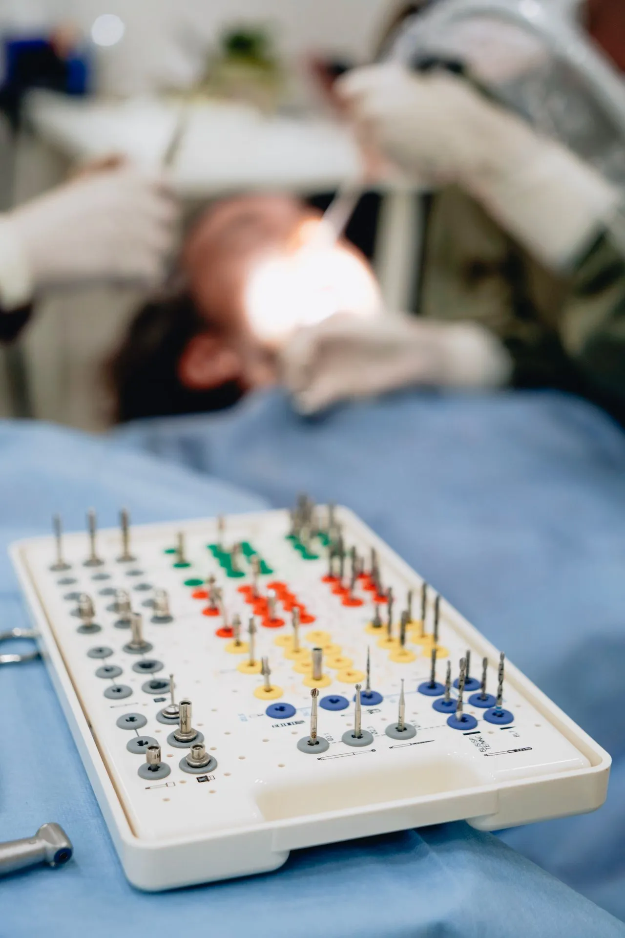 Dental implant procedure surgical kit laid out at an Antalya implant clinic — precision instruments for safe, guided implant placement